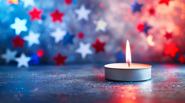 A tea light candle illuminates a backdrop of soft-focused stars in patriotic colors, creating a tranquil ambiance for contemplation and honor.