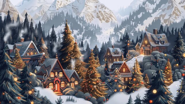 An idyllic winter village scene, its cottages and fir trees aglow with warm festive lights beneath a twilight sky.