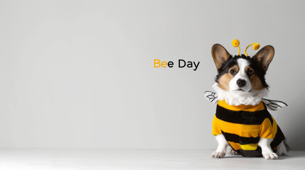 A charming corgi dog dressed in a bee costume poses in a minimalist setting, humorously celebrating World Bee Day. - obrazy, fototapety, plakaty