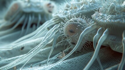 An ultra-close view of dust mites in their habitat, highlighting the hidden allergens in domestic environments with startling clarity and detail.