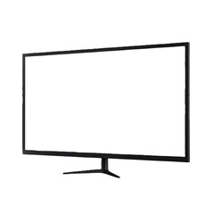 lcd monitor isolated on white, cutout of a large modern black TV with stand in PNG format with a transparent background