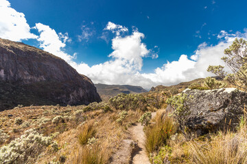 Landscape of paramo and rock formations of mountains of Los Nevados National Natural Park in Colombia