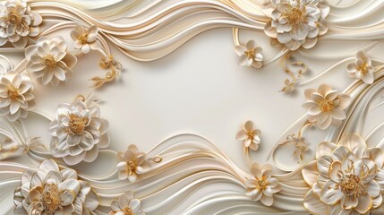 Luxurious white and gold florals cascade over flowing, ribbon-like forms, drawing inspiration from the sinuous lines of Art Nouveau design for a timeless, elegant backdrop.