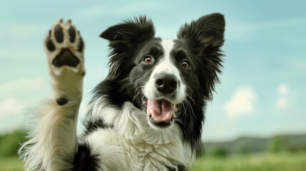 A cheerful black and white dog with a raised paw, smiling with its tongue out in a sunny outdoor setting.
