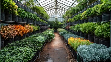 a large greenhouse filled with numerous small green shrubs housed in black pots of thujas and boxwood, flourishing under the transparent glass roof on a radiant sunny day.