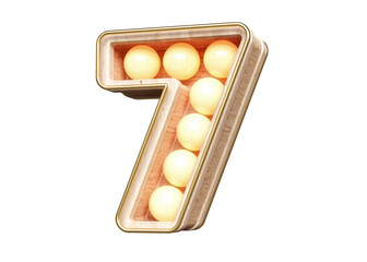 Marquee light bulb typeset digit number 7 made of wood.  High quality 3D rendering.