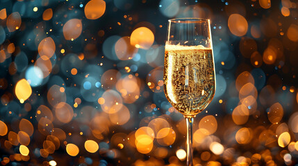 Champagne glass with sparkling lights on bokeh