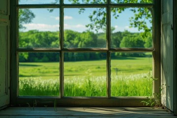 Closed Window - Sunny View of a Lush Green Meadow on a Beautiful Spring Day
