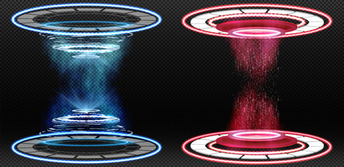 Futuristic Energy Portals: Blue and Red Glowing Vortexes, Digital Art Illustration for Science Fiction and Fantasy Concepts, Vibrant Colors on a Dark Background