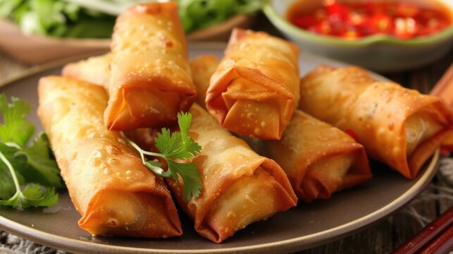 Delicious Chicken Egg Roll Snack for a Tasty Meal: Cabbage and Sweet & Sour Sauce Included