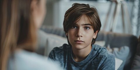 Sad teenage boy sits on the couch at a psychologist's appointment. Teenage Boy portrait in Thoughtful Conversation.  - obrazy, fototapety, plakaty