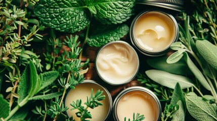 Close-up of open containers of homemade salves, nestled among sprigs of fresh herbs, embodying the essence of natural and holistic healing. - obrazy, fototapety, plakaty