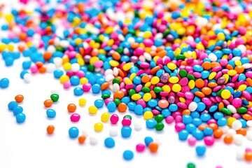 Fototapeta na wymiar Abundance of Colorful Candy Sprinkles Isolated on White Background - Closeup of Blue, Candy-Coloured Confetti