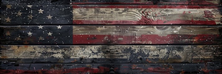 Happy Fourth of July Composite Image with Space Theme on Wood Background. Celebrate Independence Day in United States. Copy Space Against Festive Image