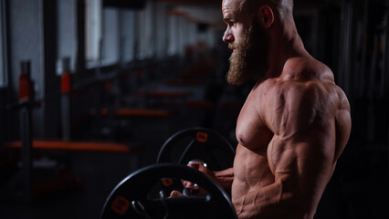 Caucasian bald topless man doing an exercise with a barbell in the gym. Bicep curls with weights.