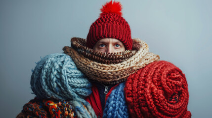 A person is enveloped in an array of chunky, colorful knitted scarves and wearing a red beanie.