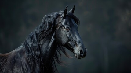 Obraz na płótnie Canvas Black Arabian Horse. Portrait of Stunning Arabian Horse with Long Mane on Dark Background. Isolated and Pure Beauty