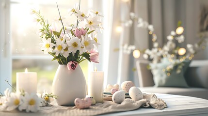 White ceramic vase with daffodils, tulips, pussy willows, candles, Easter eggs on table.