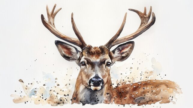 A cute forest deer. Watercolor drawing of a reindeer. Christmas illustration. Wild animals. Wild nature. Fashion design.
