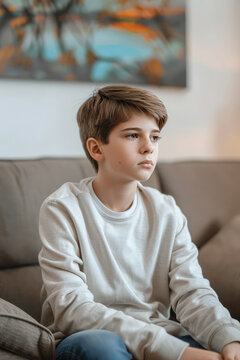 A teenage boy sits on the couch at a psychologist's appointment. Teenage Boy portrait in Thoughtful Conversation. 