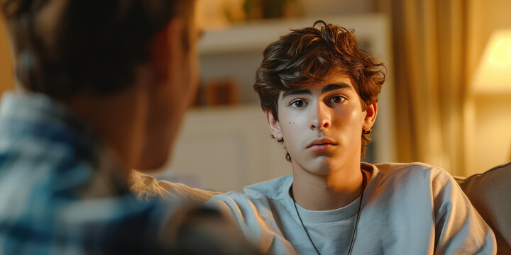 A teenage boy sits on the couch at a psychologist's appointment. Teenage Boy portrait in Thoughtful Conversation. 
