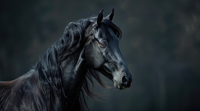 Black Arabian Horse. Portrait of Stunning Arabian Horse with Long Mane on Dark Background. Isolated and Pure Beauty