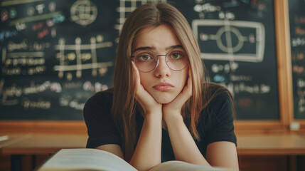 A thoughtful student rests her chin on her hands against a backdrop of complex equations on a chalkboard.