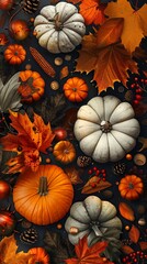 Fototapeta premium Design wallpaper with autumn leaves and pumpkins for a fall harvest party
