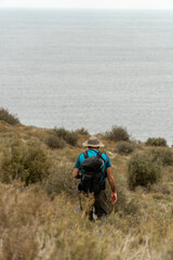 Obraz premium Back view, two hikers walk through bushes