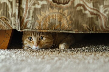 Cat Hiding Under the Couch. A Closeup Shot of a Hidden Felino on Home Carpet, Alone and Scared - obrazy, fototapety, plakaty