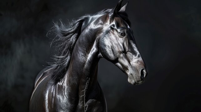 Pure Elegance: Black Arabian Horse Portrait on Dark Isolated Background with Long Mane and Intense Look