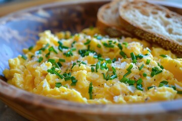 Delicious Scrambled Eggs on Toast for an Appetising Breakfast or Brunch - Closeup of Cooked Egg on Toasted Bread