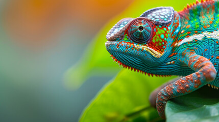colorful chameleon perched on a green leaf - obrazy, fototapety, plakaty