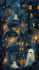 Design wallpaper with haunted houses and ghosts for a Halloweenthemed party
