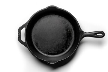 Top View of Clean, Empty Black Cast Iron Pan or Dutch Oven for Kitchen Tool or Utensil with Plaster Bandage Pattern Background