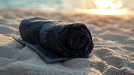 Close up of a black rolled Towel on Beach Sand. Vacation Background with Copy Space - obrazy, fototapety, plakaty
