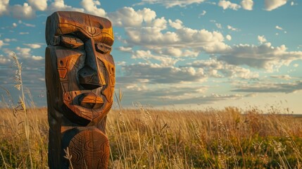 wooden totem in the field.