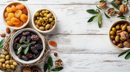 round bowls filled with dried fruits, including apricots, prunes, and assorted nuts, arranged on a wooden background with ample empty space for text or design elements.