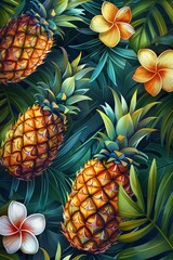 Design wallpaper with pineapples and tropical flowers for a Hawaiian luau party - obrazy, fototapety, plakaty