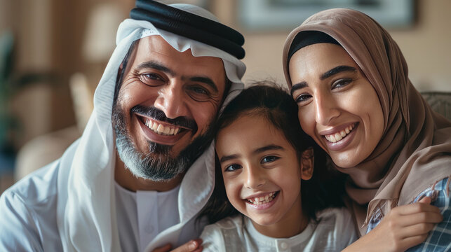 Cheerful Middle Eastern Family Of Three Having Fun Together At Home