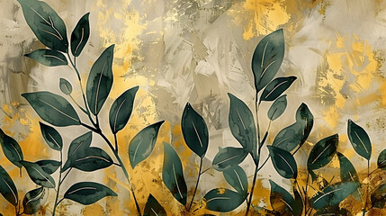 Retro, nostalgic, golden brushstrokes. Textured background. Oil on canvas. Modern Art. Floral...