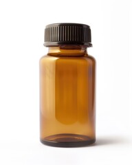 Isolated Amber Pill Bottle with Capsule. Care Container for Medical Use, Chemistry Background for Addiction or Aspirin Medicines