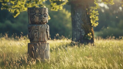 wooden totem in the field. - obrazy, fototapety, plakaty
