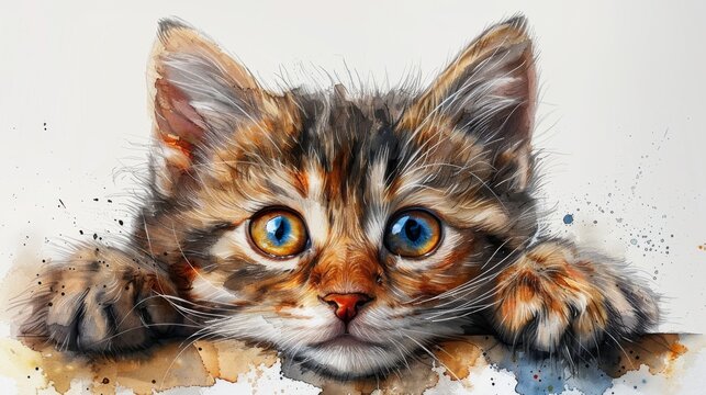 This is a cute watercolor illustration of a kitten in a box