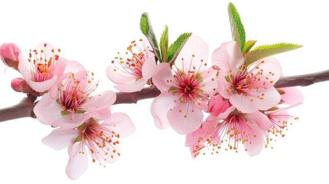 Isolated Peach Blossom Flower on White Background - Spring Tree Branch with Pink and White Flowers