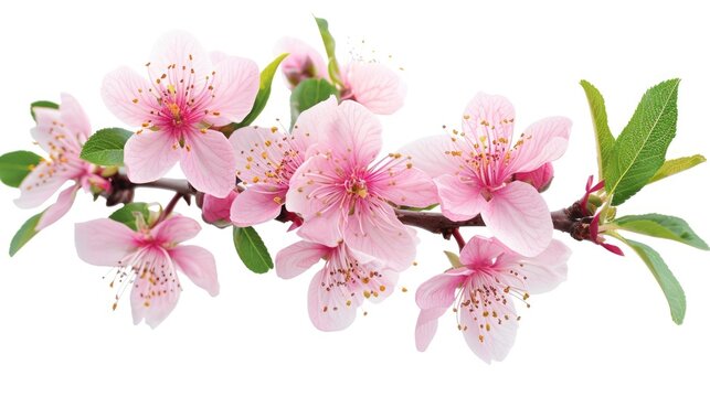 Isolated Peach Flower Blossom in Pink and White. Branch of Spring Flowering Peach Tree