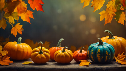 beautiful pumpkins, autumn leaves on a wooden background harvest
