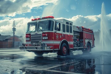 Red Rescue Brigade: Fire Truck on Scene - Emergency Department Vehicle Responding and Spraying Water with Hose and Valve - obrazy, fototapety, plakaty
