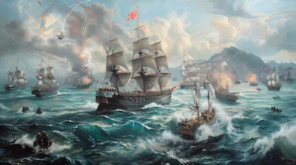  Vintage oil painting on canvas of old ships in the sea © Andsx