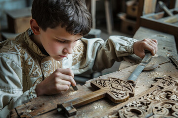 Fototapeta na wymiar A young boy is working on a wooden cross, using a saw to cut it